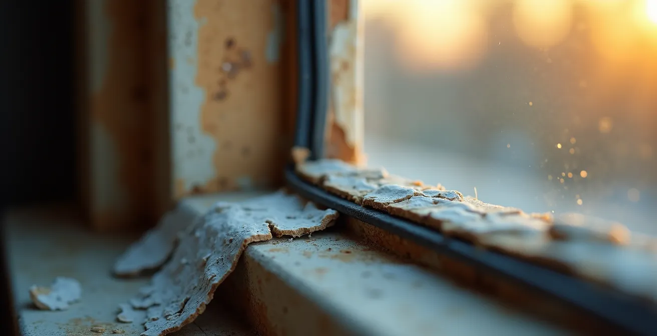 Gros plan sur une superposition incorrecte de joints de calfeutrage