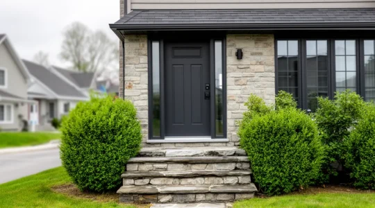 Façade de maison résidentielle québécoise avec porte d'entrée moderne couleur anthracite