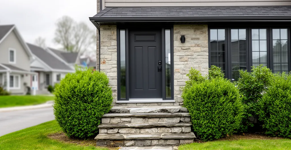 Façade de maison résidentielle québécoise avec porte d'entrée moderne couleur anthracite