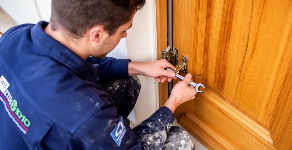 Technicien installateur ajustant les charnières d'une porte d'entrée résidentielle