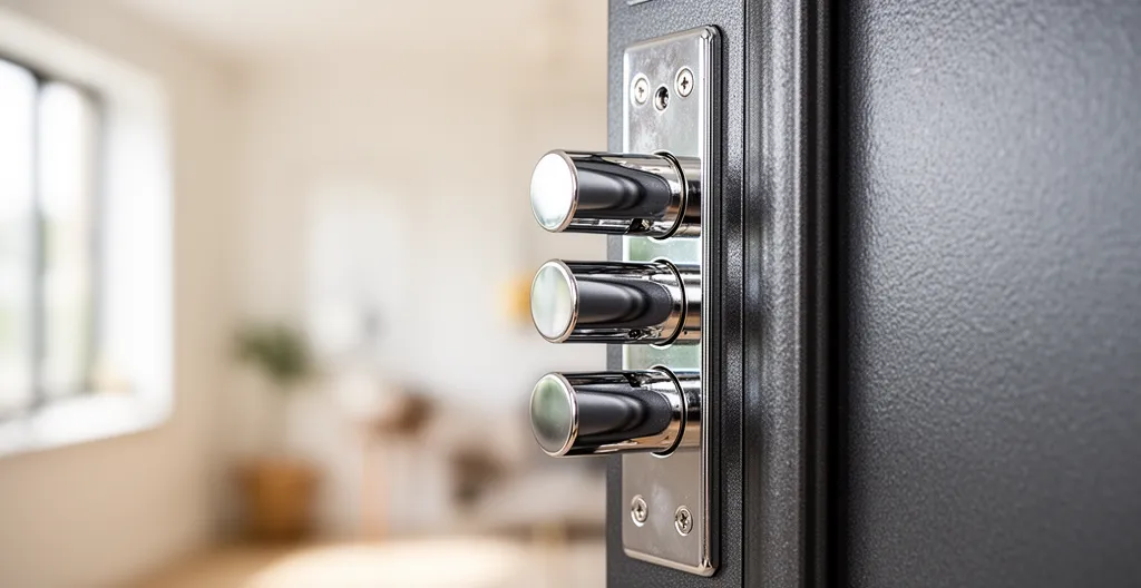 Gros plan d'une serrure multipoint trois pênes sur porte d'entrée en acier