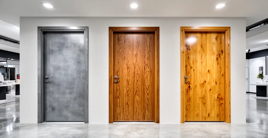 Showroom présentant trois portes d'entrée côte à côte en acier, fibre de verre et bois